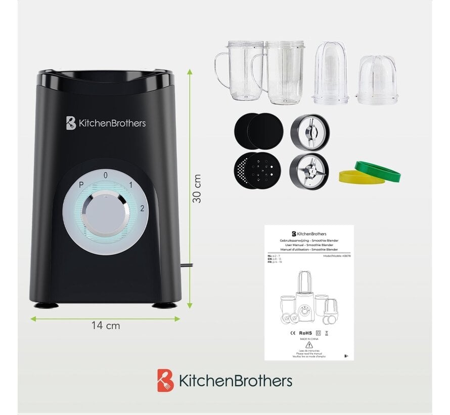 Blender KitchenBrothers - 2-en-1 - 350 W - 4 tasses 600 ml/300 ml - Smoothie  - Mini Blender - Noir