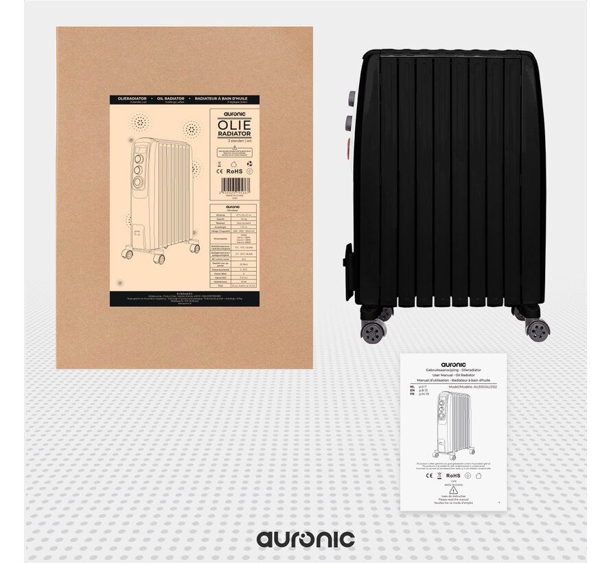 Radiateur à huile - Auronic - Radiateur électrique - Thermostat - Minuterie - 3 niveaux - jusqu'à 2000W - Noir