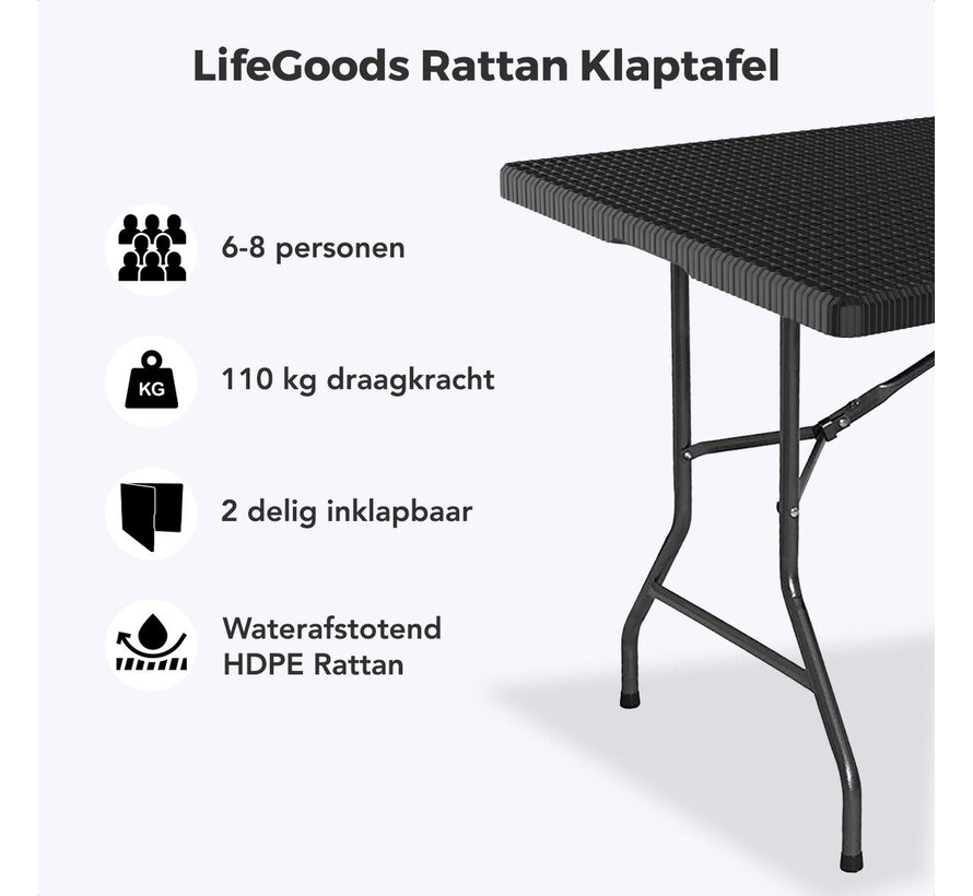 Table pliante - LifeGoods - 180 cm - Table de camping - Table pliante ajustable - 6 à 8 personnes - Noir