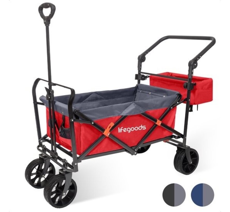 LifeGoods Wagon - pliable - jusqu'à 120KG - 103L - sac de transport supplémentaire et barre de poussée - polyester lavable - 98x45cm - rouge/gris