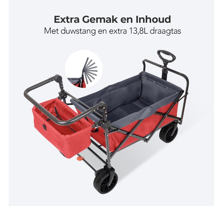 LifeGoods Wagon - pliable - jusqu'à 120KG - 103L - sac de transport supplémentaire et barre de poussée - polyester lavable - 98x45cm - rouge/gris