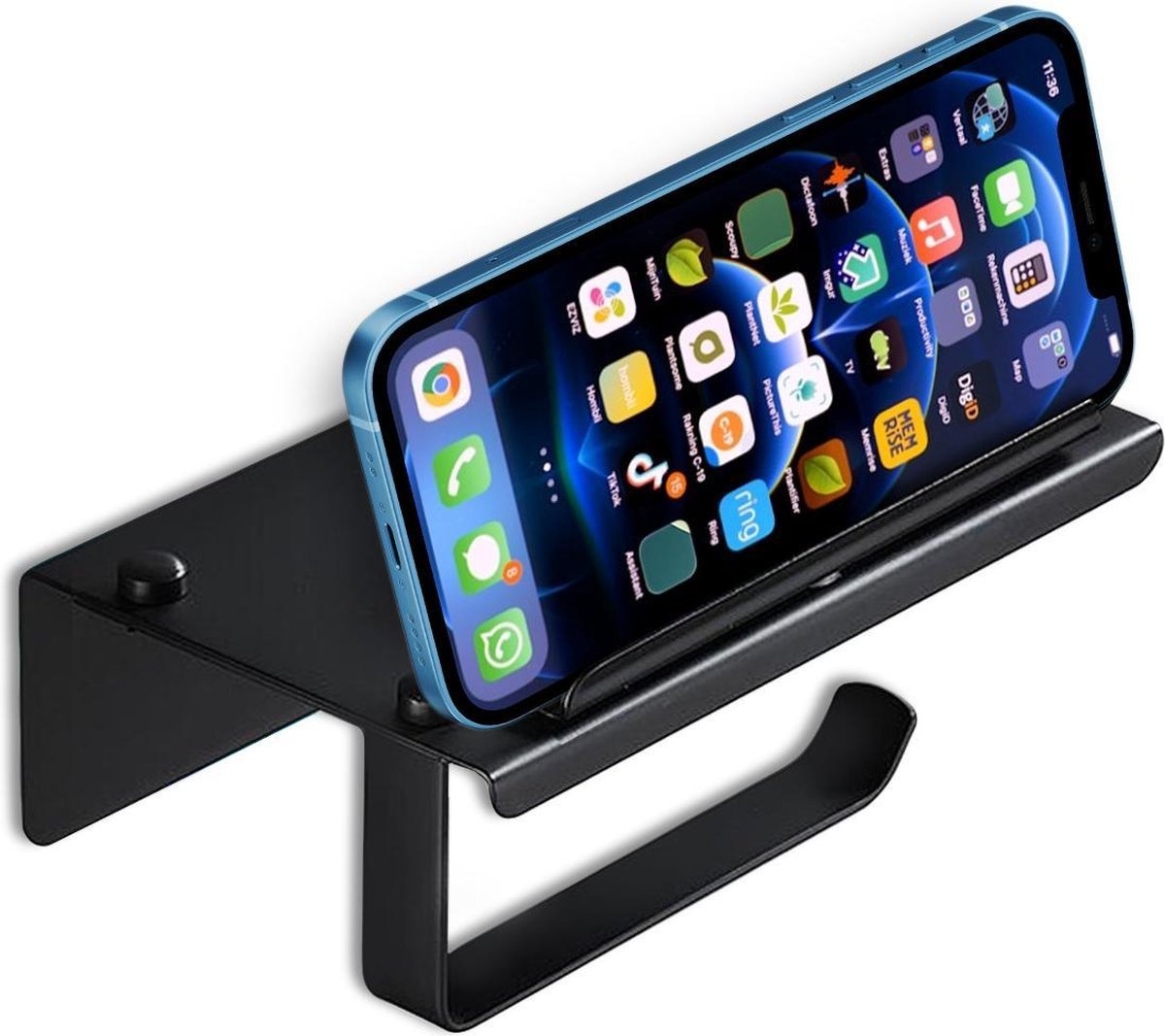 Support papier toilette MM Brands - avec support pour téléphone - Porte-rouleau toilette - sans perçage - Noir