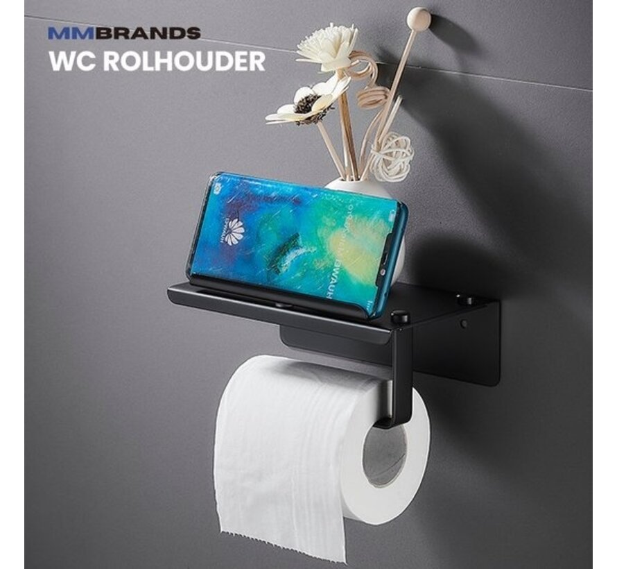 Support papier toilette MM Brands - avec support pour téléphone - Porte-rouleau toilette - sans perçage -  Noir