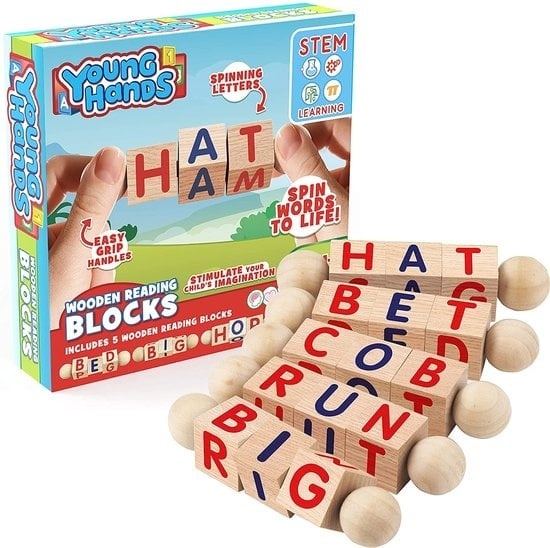 Creative Kids - Blocs de lecture en bois - Lot de 5 blocs alphabétiques rotatifs - Poignées faciles à saisir - Activités d'apprentissage pour la maternelle et le préscolaire - Travail des lettres - Jouets Montessori en bois - Cadeaux pour enfants et jeune