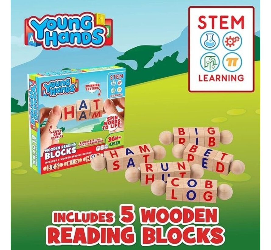 Creative Kids - Blocs de lecture en bois - Lot de 5 blocs alphabétiques rotatifs - Poignées faciles à saisir - Activités d'apprentissage pour la maternelle et le préscolaire - Travail des lettres - Jouets Montessori en bois - Cadeaux pour enfants et jeune