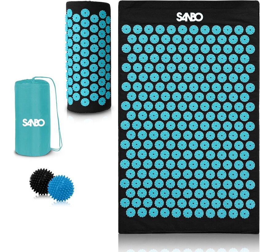 Sanbo Acupressure Mat with Cushion - Black/Blue - 82x42x2cm - Nail Mat - Incl. App & 2x Trigger Point Ball & Carrying Bag - Shakti mat