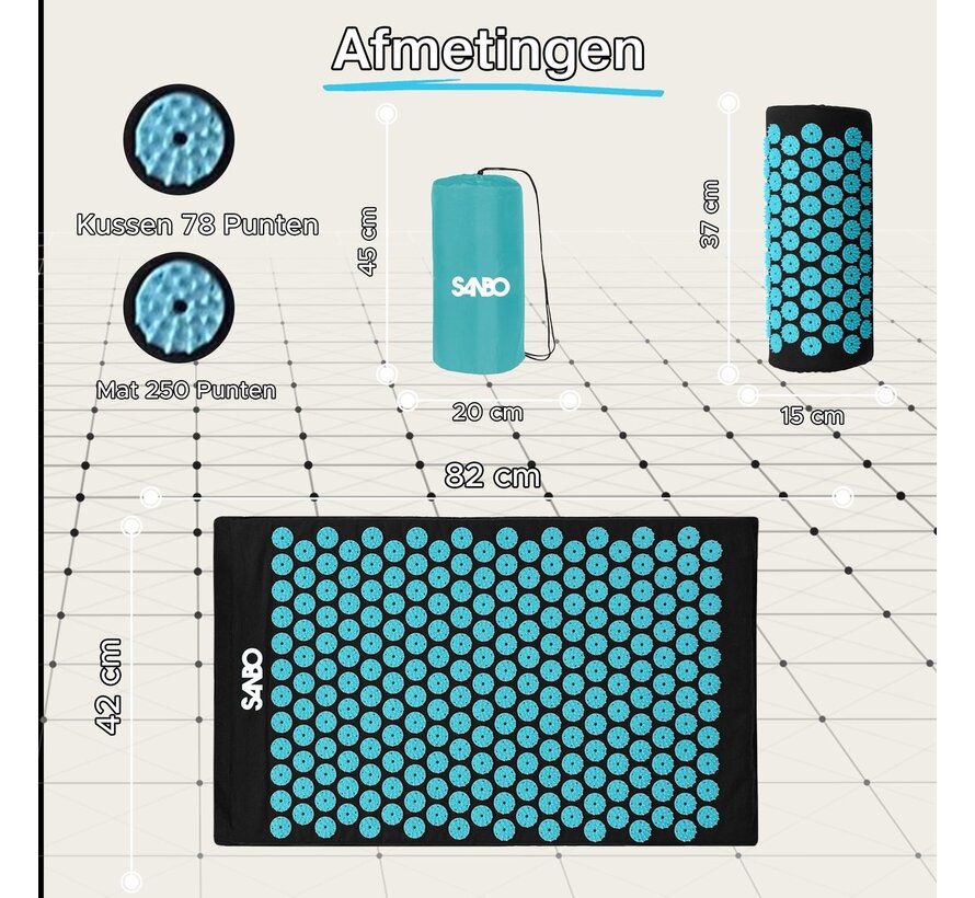 Sanbo Acupressure Mat with Cushion - Black/Blue - 82x42x2cm - Nail Mat - Incl. App & 2x Trigger Point Ball & Carrying Bag - Shakti mat