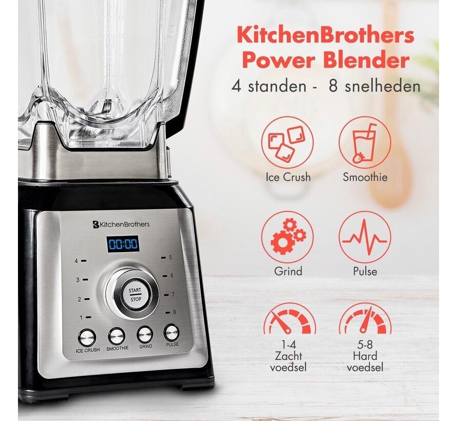 Blender à 8 lames - KitchenBrothers - Réservoir en plastique de 2L - 8 Vitesses - 4 Modes- inox