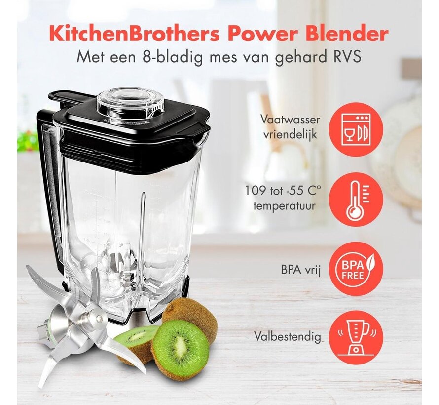 Blender à 8 lames - KitchenBrothers - Réservoir en plastique de 2L - 8 Vitesses - 4 Modes- inox
