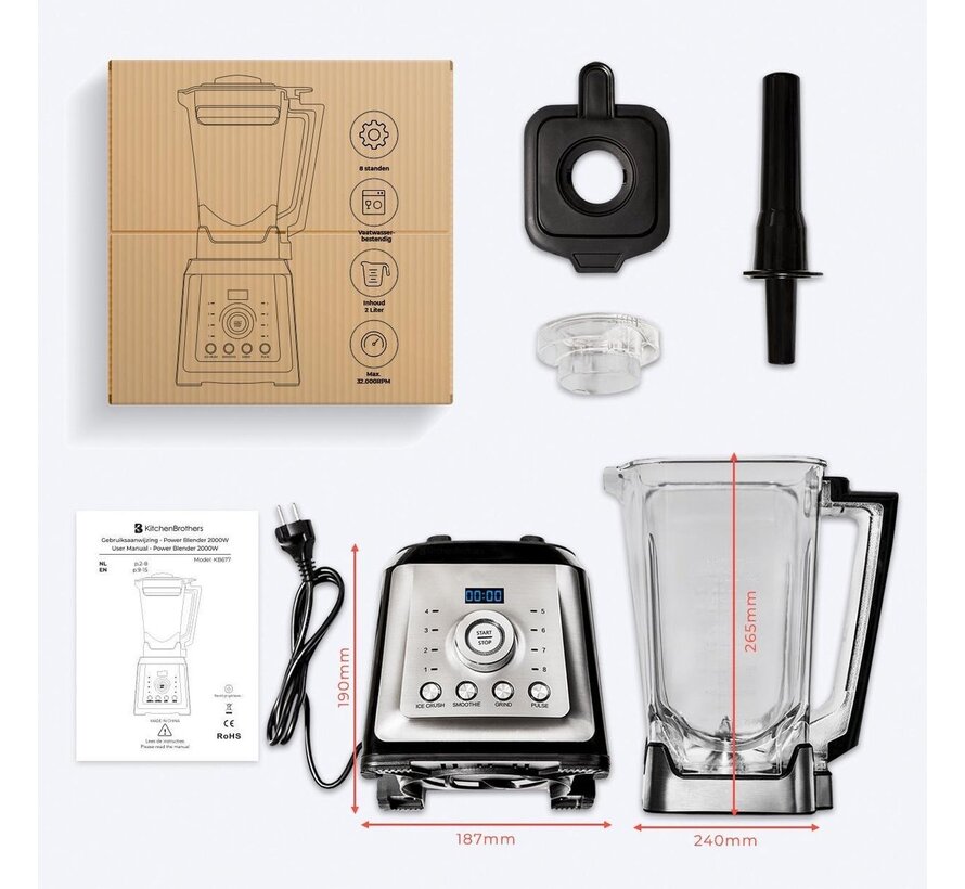 Blender à 8 lames - KitchenBrothers - Réservoir en plastique de 2L - 8 Vitesses - 4 Modes- inox