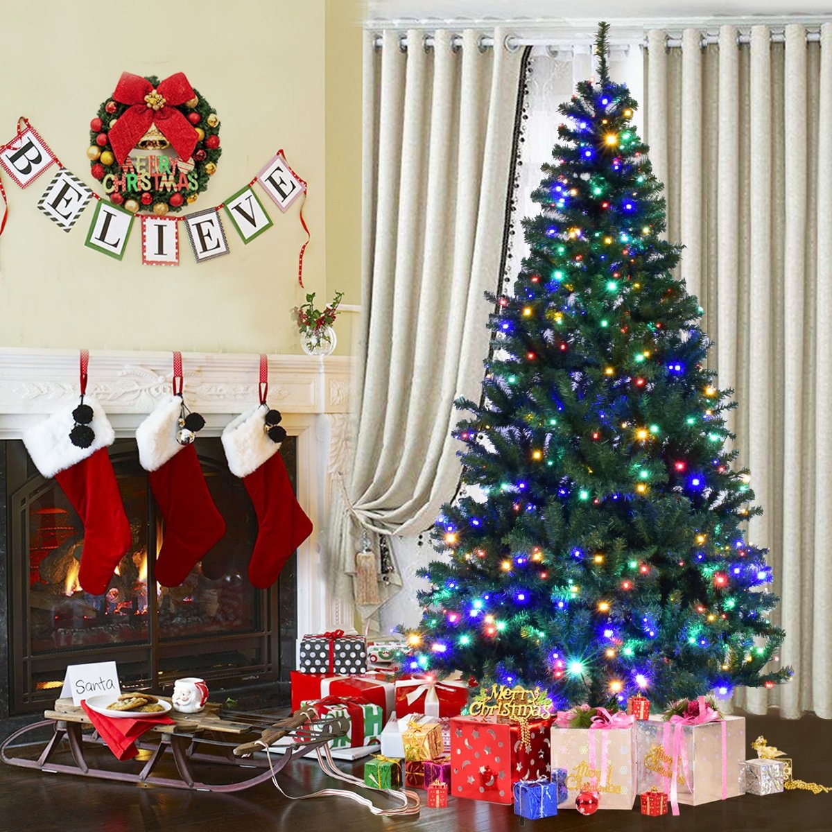 Coast Arbre de Noël Artificiel Sapin avec Chaînes Lumineuses Led Arbre de Noël Illuminé 210cm