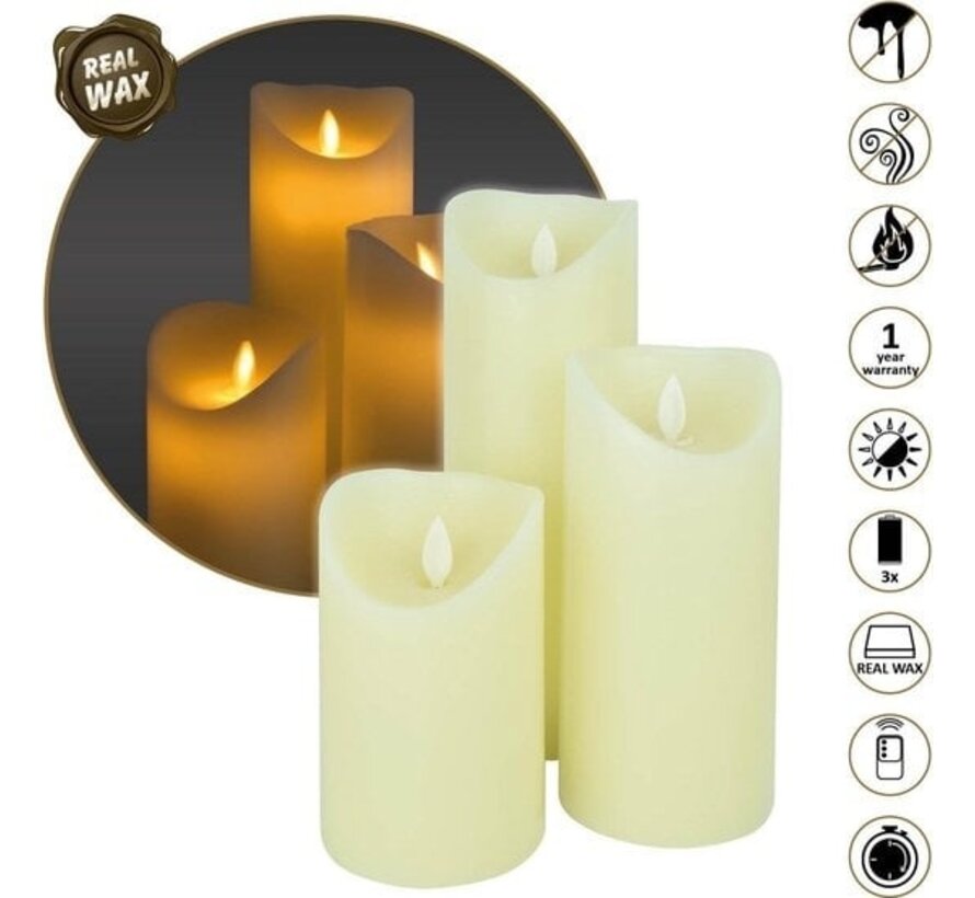 O'DADDY® LED Candles With Moving Flame - Set 3 sizes 12.5+18+22 - 8d - With timer and dimmer function - LED Candles With Remote Control - Warm White Light - Cream