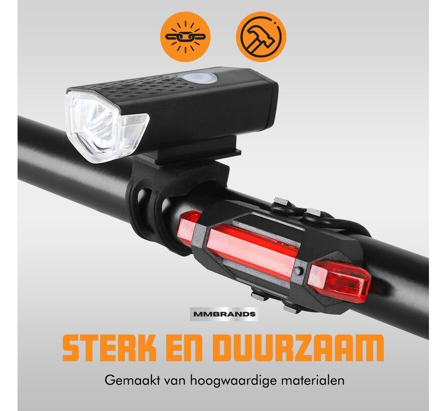 Feu de sécurité pour vélo - MM Brands - Ensemble d'éclairage pour vélo - Lampe de vélo - LED -  Feu avant et arrière - Rechargeable par USB - Lumières de vélo - éclairages pour vélo