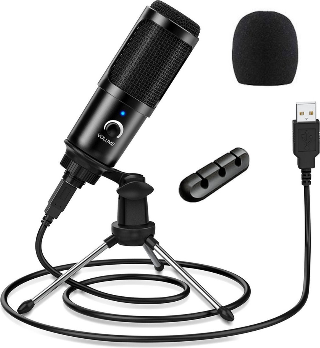 Microphone à condensateur pour PC - Microphone de studio - Microphone de jeu - USB - avec pied - directivité cardioïde - housse de protection et range-câbles