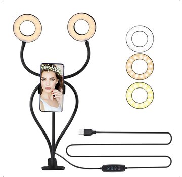 URGOODS Lampe annulaire LED avec trépied Smartphone - Double lampe annulaire - USB - Lampe de bureau LED dimmable - avec pince de table - Ringlight - 3 niveaux de lumière