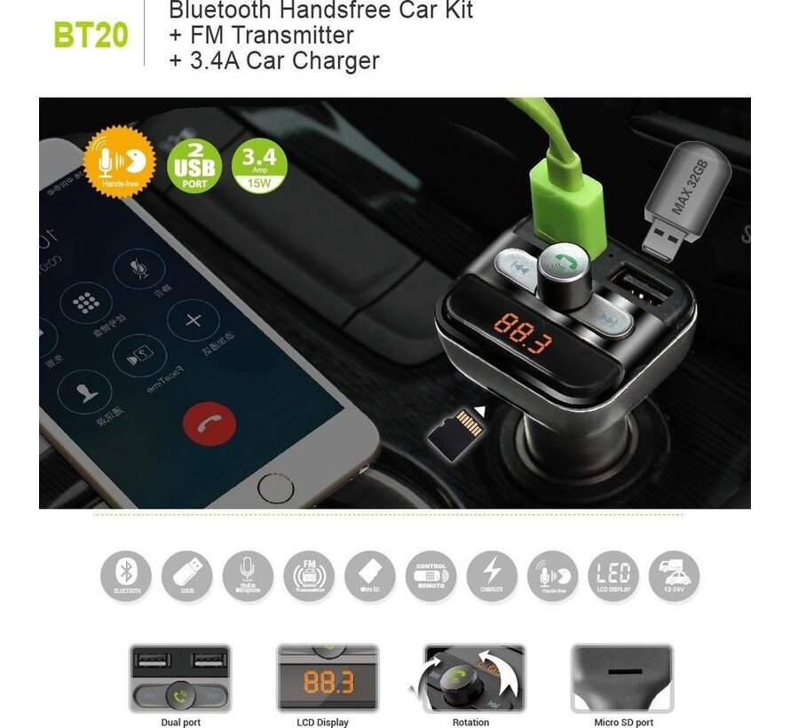 Meilleure qualité | Lecteur MP3 universel sans fil 5 en 1 Bluetooth pour voiture | Transmetteur FM | Affichage LED | Appels mains libres | 2 x chargeur USB haute vitesse | Prise en charge des cartes SD, TF | Clé USB