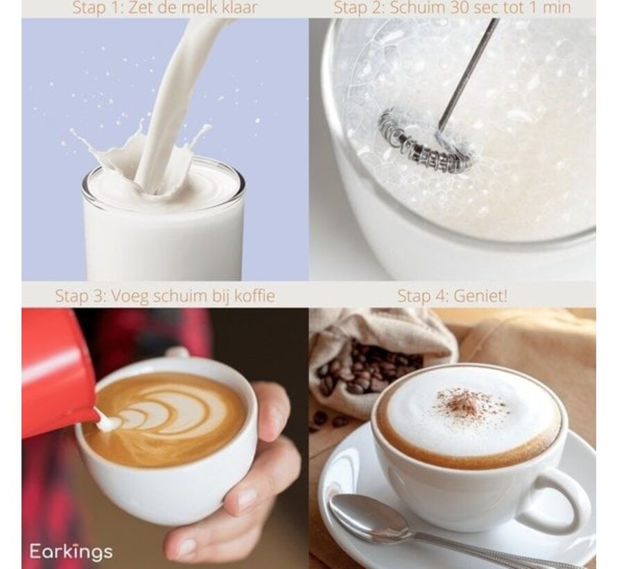 Mousseur à lait pour une mousse parfaite - Mousseur à lait électrique - Mousseur à lait en acier inoxydable - Mousseur à lait manuel EarKings