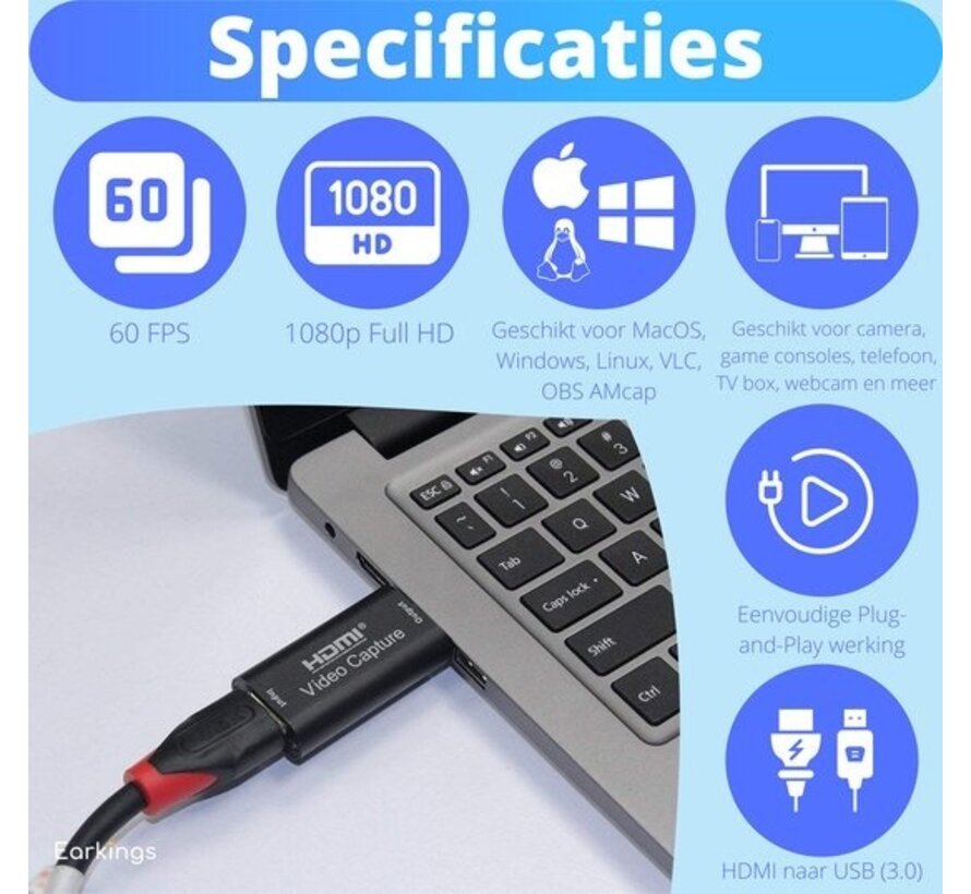 Carte de capture HDMI vers USB - EarlKings - Capture vidéo pour PlayStation, Xbox, Nintendo, Windows, MAC - Capture de jeux