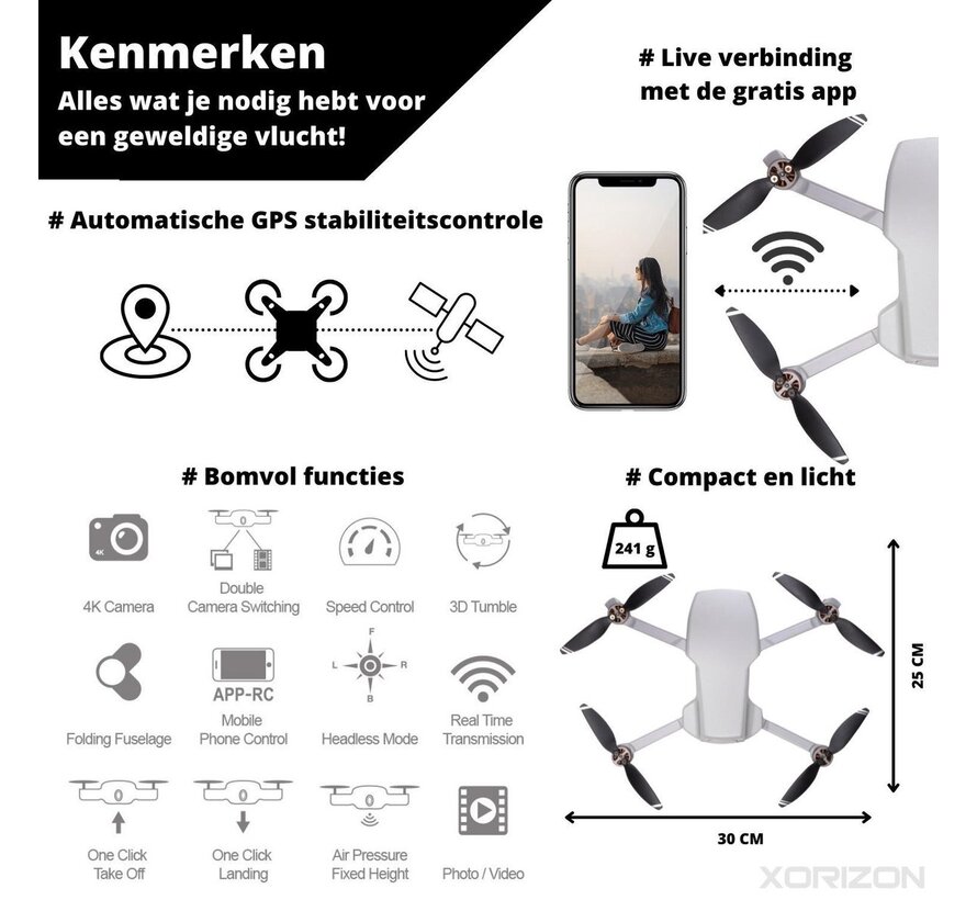 Drone - Xorizon - Caméra 4K - Drone avec caméra - Drone avec GPS - Mini Drone - Moteurs Brushless - Drone Xorizon XZ96 4K GPS- 25 minutes de vol - 1 KM de portée - 5GHz Wifi FPV - Travelcase inclus - Pas de licence requise - 242 grammes - Gris