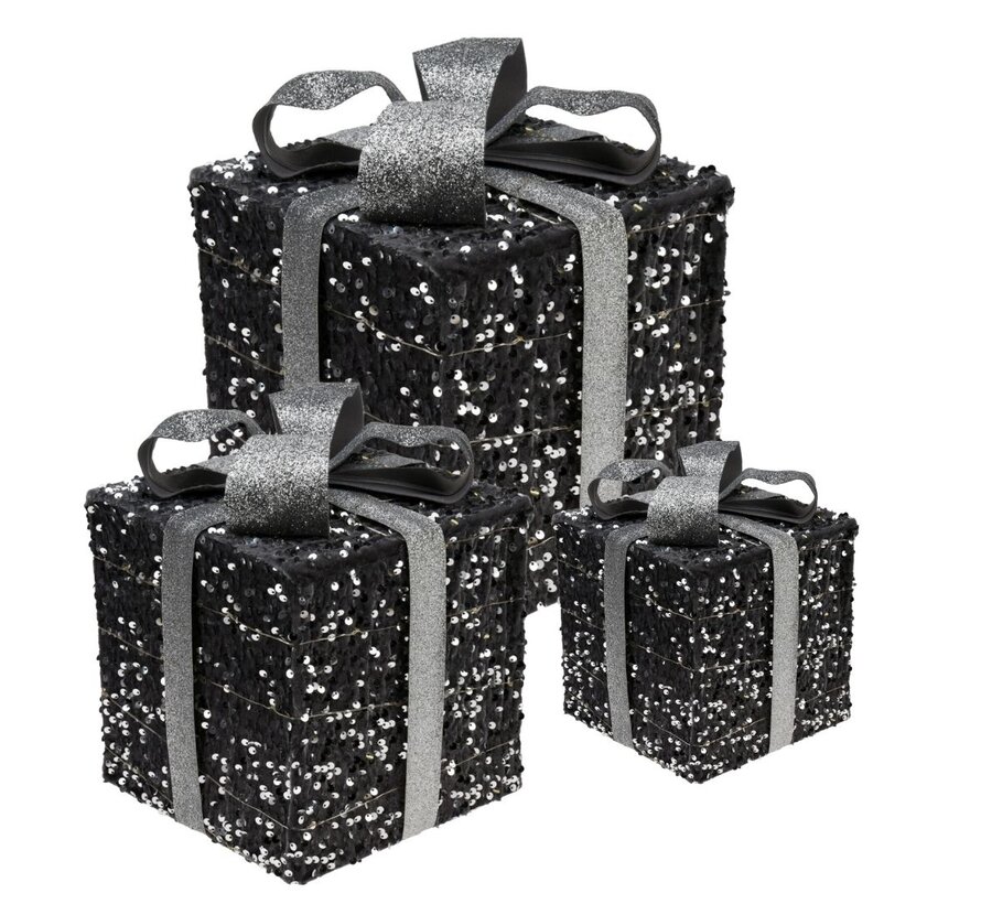 3 boîtes cadeaux lumineuses avec Led - Argent - 15cm, 20cm, 25cm