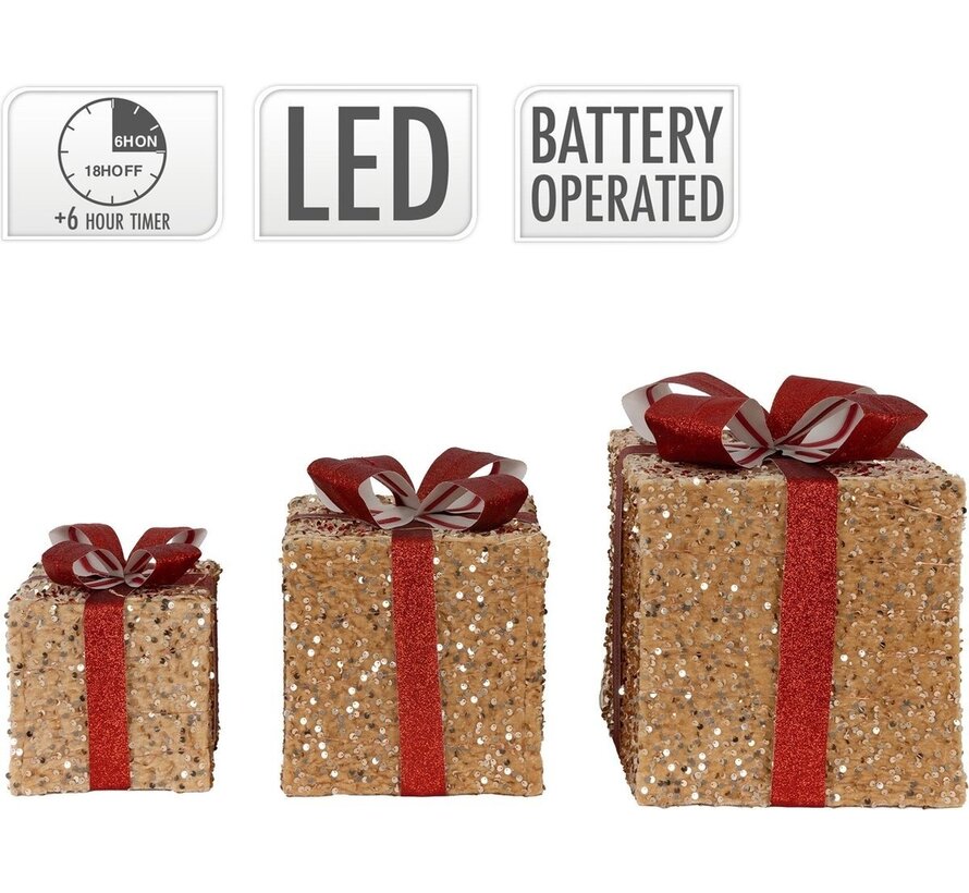 3 boîtes cadeaux lumineuses avec Led - Or - 15cm, 20cm, 25cm