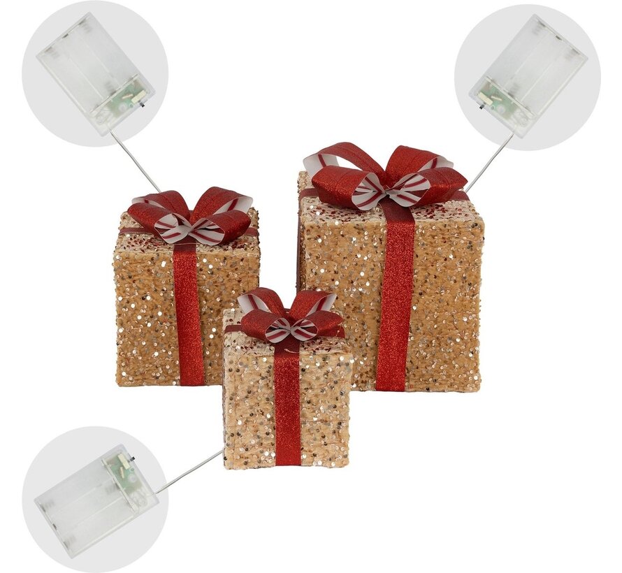 3 boîtes cadeaux lumineuses avec Led - Or - 15cm, 20cm, 25cm