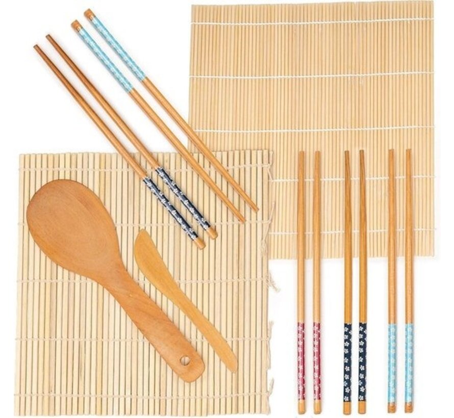 Oak&Steel - Sushi Maker Set - Sushi Tableware - 9-piece bamboo set - Sushi kit - 2 sushi rolling mats - 5 paires de Sushi Sticks - 1 Rice Spoon et 1 Rice Spreader - 100% Bamboo