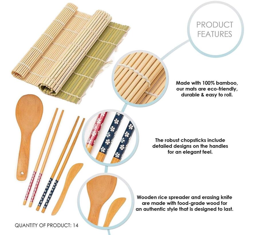 Oak&Steel - Sushi Maker Set - Sushi Tableware - 9-piece bamboo set - Sushi kit - 2 sushi rolling mats - 5 paires de Sushi Sticks - 1 Rice Spoon et 1 Rice Spreader - 100% Bamboo