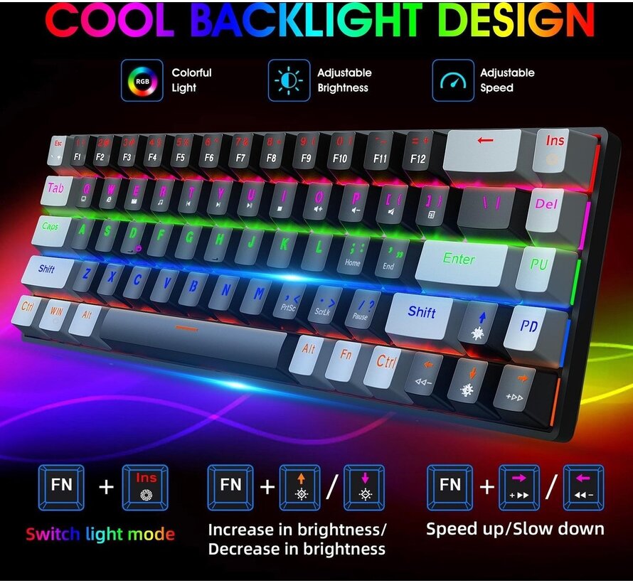 HXSJ V800 - Clavier mécanique de jeu RGB - QWERTY - 68 touches - TKL - Interrupteur bleu - Noir gris