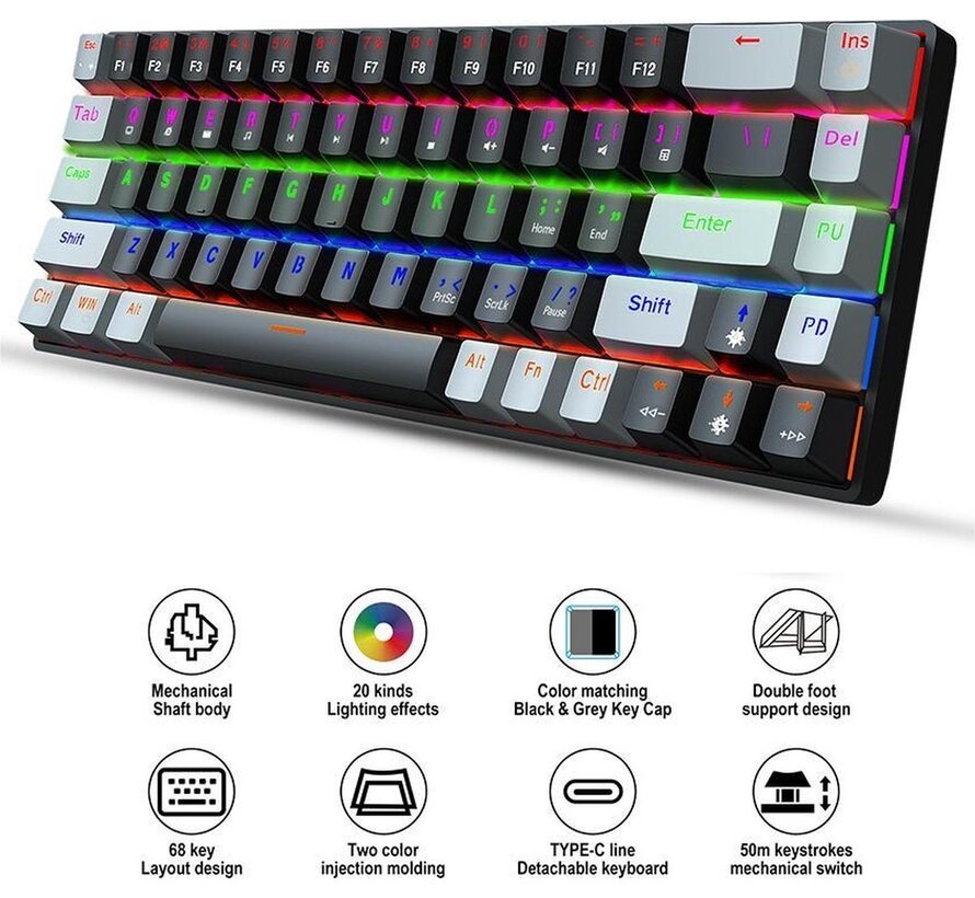 HXSJ V800 - Clavier mécanique de jeu RGB - QWERTY - 68 touches - TKL - Interrupteur bleu - Noir gris