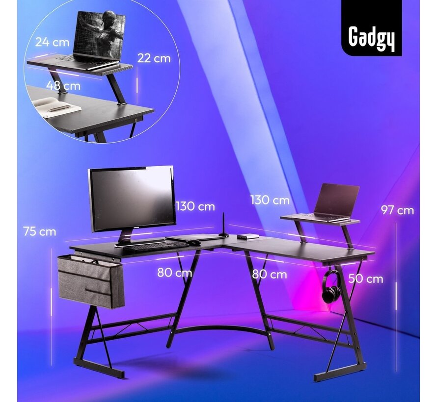 Bureau  d'angle pour Gaming - Gadgy - Support pour casque et ordinateur portable INCLUS - Noir