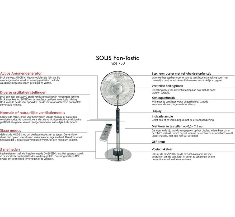 Ventilateur  Solis Fan-Tastic 750 - Ventilateur avec télécommande - Hauteur 130 cm - Gris/Noir