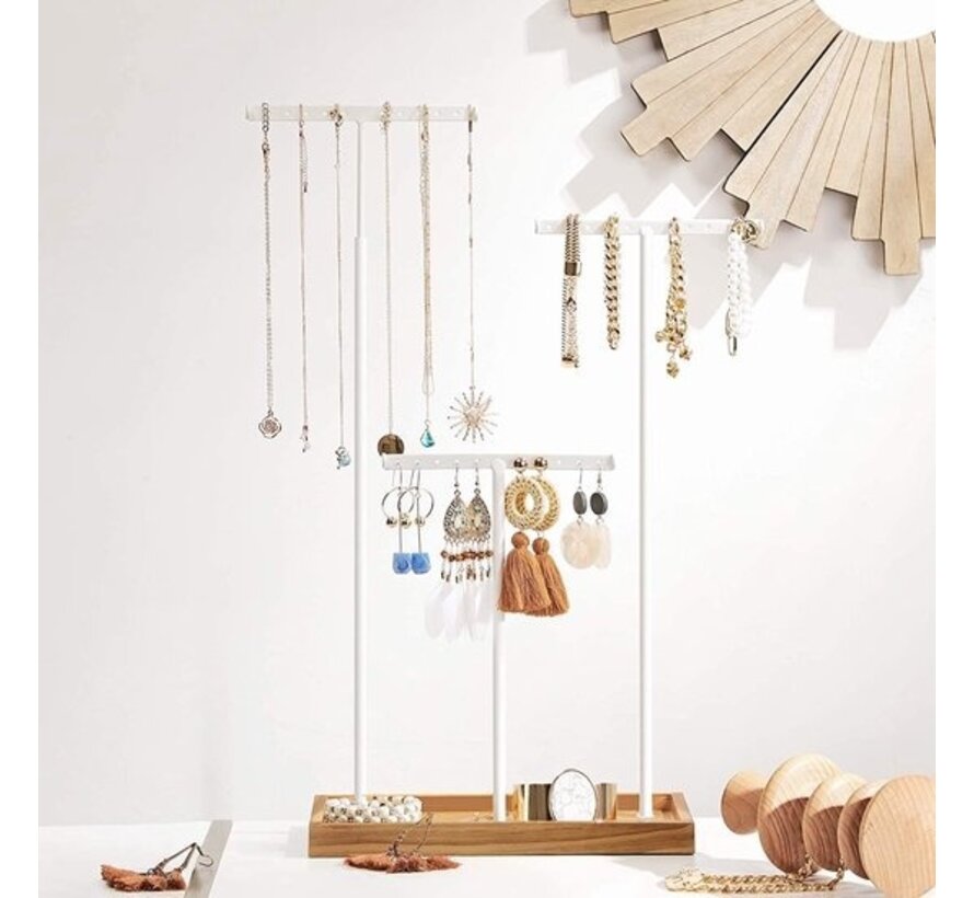 Parya Home - Présentoir à bijoux - Porte-bijoux - Porte-boucles d'oreilles - 2-en-1 - Bois - Blanc