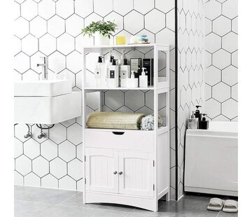 Generic armoire de salle de bain, étagère de salle de bain polyvalente avec 2 étagères ouvertes, armoire et tiroir, armoire de salle de bain en MDF, 60 x 32,5 x 122 cm, blanc BBC64WT