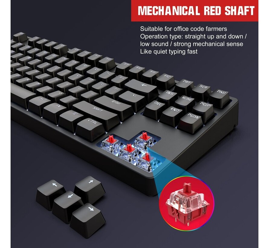 HXSJ L600 Clavier de jeu mécanique filaire - QWERTY - 87 touches - Interrupteur rouge - Noir
