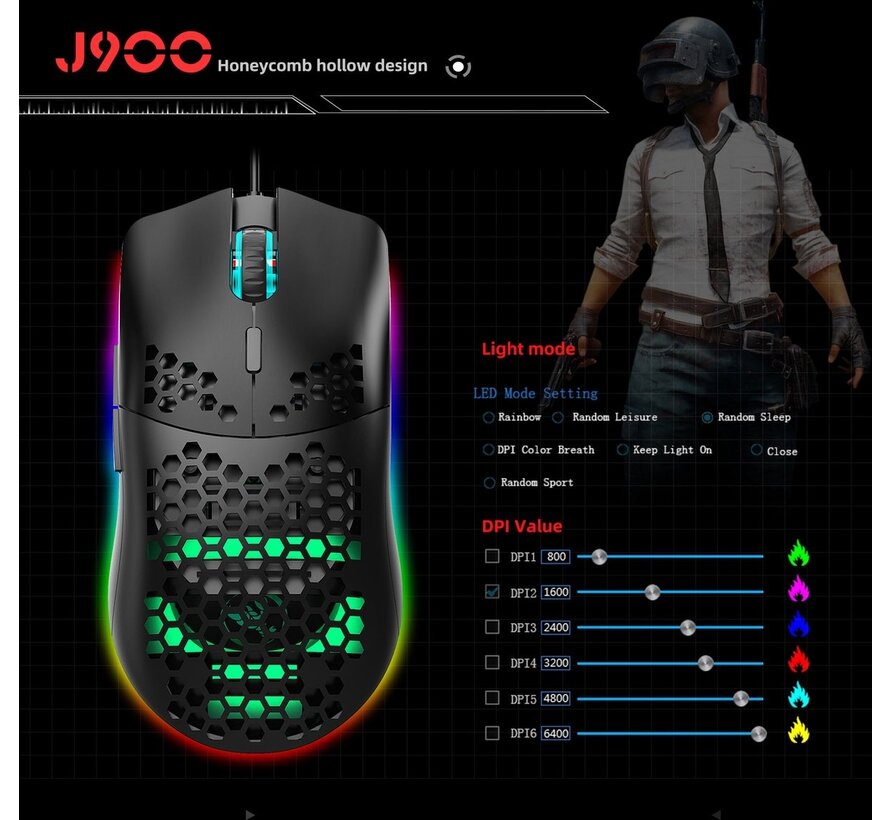 HXSJ J900 Souris de jeu optique - Ultra légère - Eclairage RGB - 6400 DPI - Noir