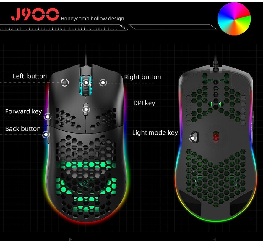 HXSJ J900 Souris de jeu optique - Ultra légère - Eclairage RGB - 6400 DPI - Noir