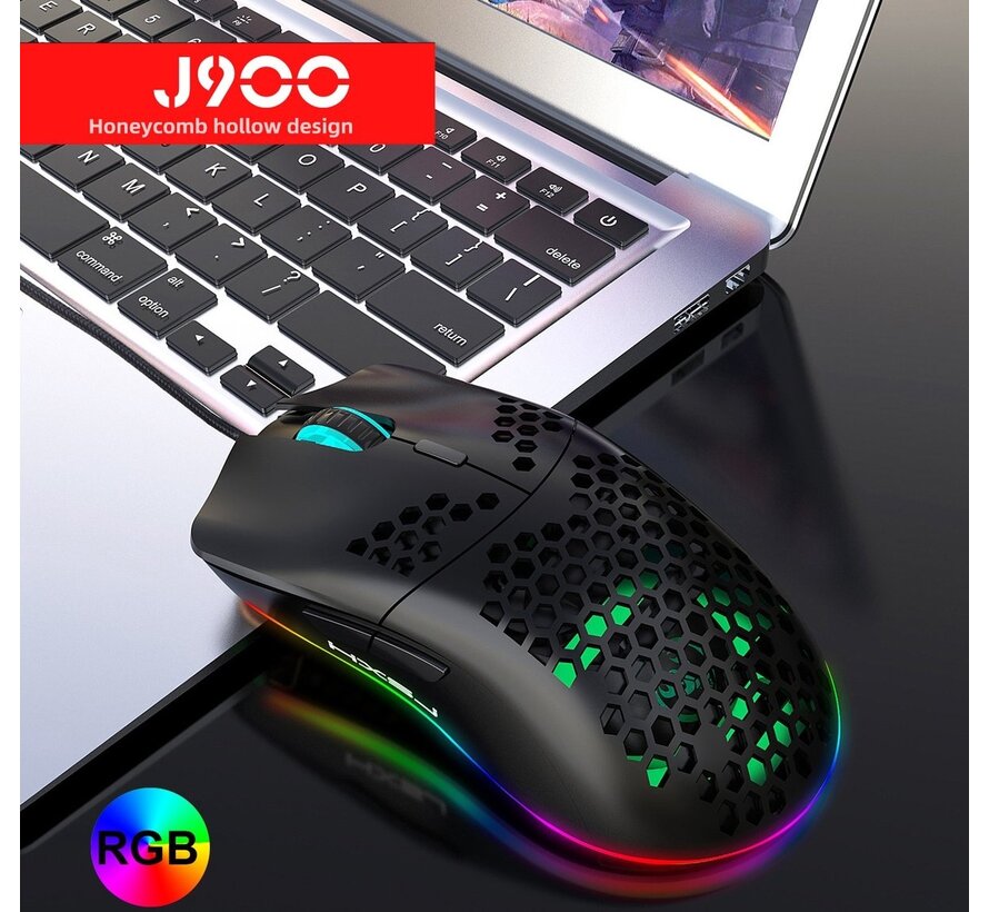 HXSJ J900 Souris de jeu optique - Ultra légère - Eclairage RGB - 6400 DPI - Noir