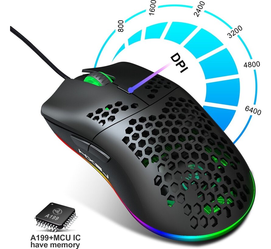 HXSJ J900 Souris de jeu optique - Ultra légère - Eclairage RGB - 6400 DPI - Noir