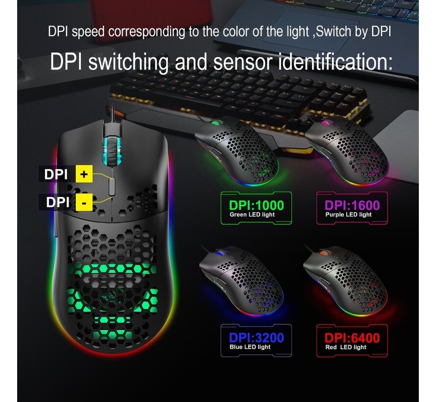 HXSJ J900 Souris de jeu optique - Ultra légère - Eclairage RGB - 6400 DPI - Noir