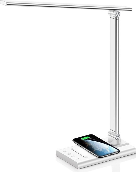 Fuegobird EK010 Lampe de bureau LED - Filaire - Chargement sans fil pour téléphone - Dimmable - Pliable - Smart Touch - Chargement rapide 10W - Technologie Qi - Argent?with adapter?