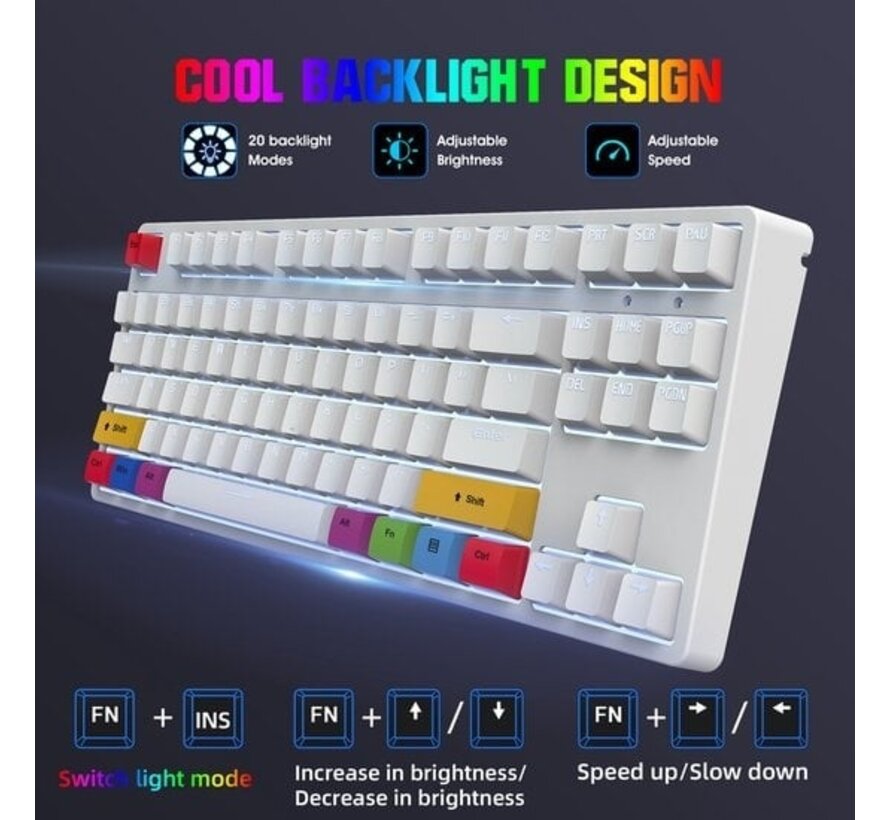 HXSJ L600 clavier mécanique gaming filaire - DIY PBT Keycaps - TKL - QWERTY - 87 touches - Interrupteur rouge - Blanc