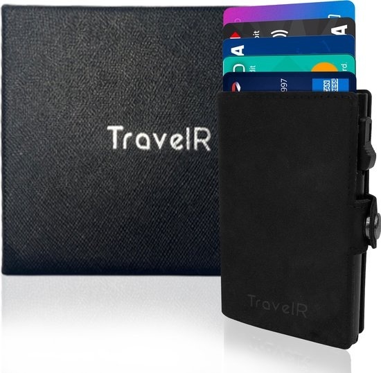 TravelR Card Holder with Leather - Card Holder - Wallet - Sliding Card Holder - Credit Card Holder - Men's Card Holder - Women's Card Holder - RFID Security - Aluminium - Leather - Black- Incl. Luxury Gift Box