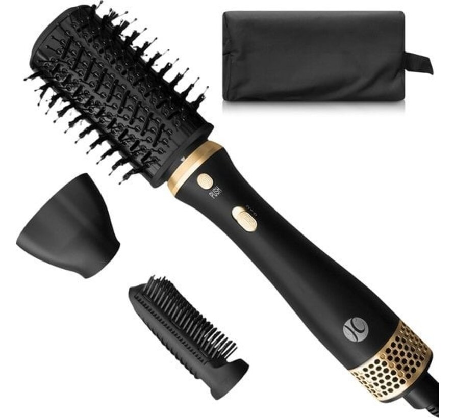 JC 3-in-1 Hairdryer Brush with Storage Case - Curling Brush - Hair Styler - Suitable for Long/Style/Curls - Matte Black/Gold