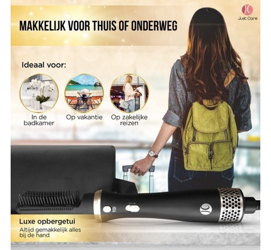 JC 3-in-1 Hairdryer Brush with Storage Case - Curling Brush - Hair Styler - Suitable for Long/Style/Curls - Matte Black/Gold