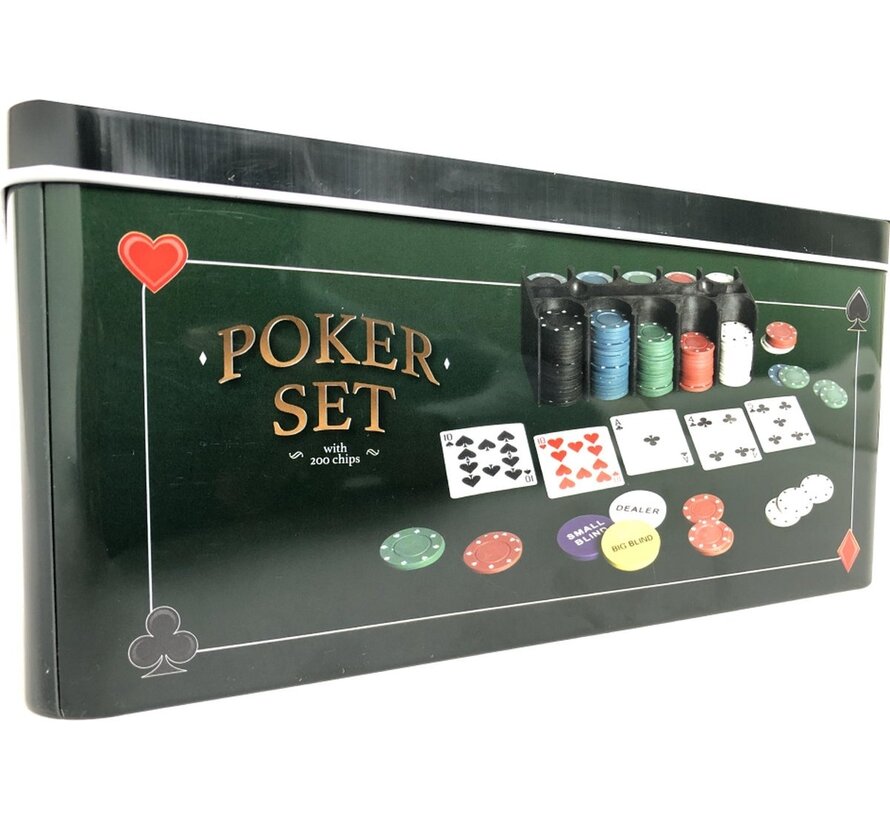 Ensemble de poker comprenant 200 jetons, une nappe, des cartes à jouer et une boîte de rangement.