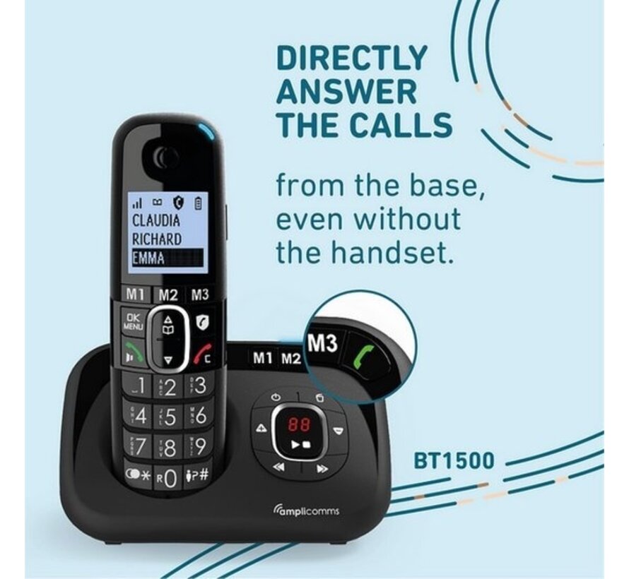 Amplicomms BT1582 téléphone sans fil duo pour téléphone fixe - Bloquer les appels indésirables - 3 touches de mémorisation directe - Mains libres