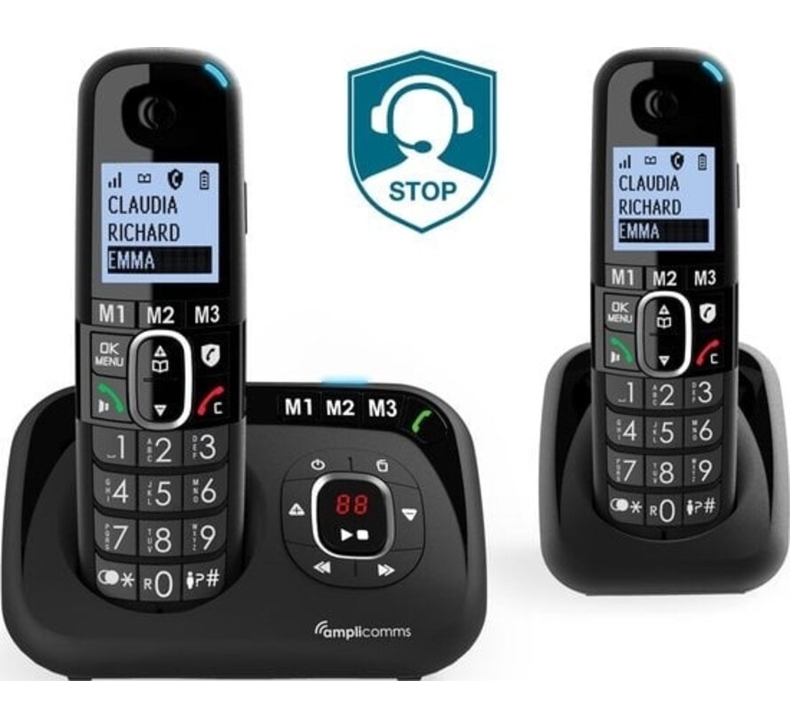 Amplicomms BT1582 téléphone sans fil duo pour téléphone fixe - Bloquer les appels indésirables - 3 touches de mémorisation directe - Mains libres