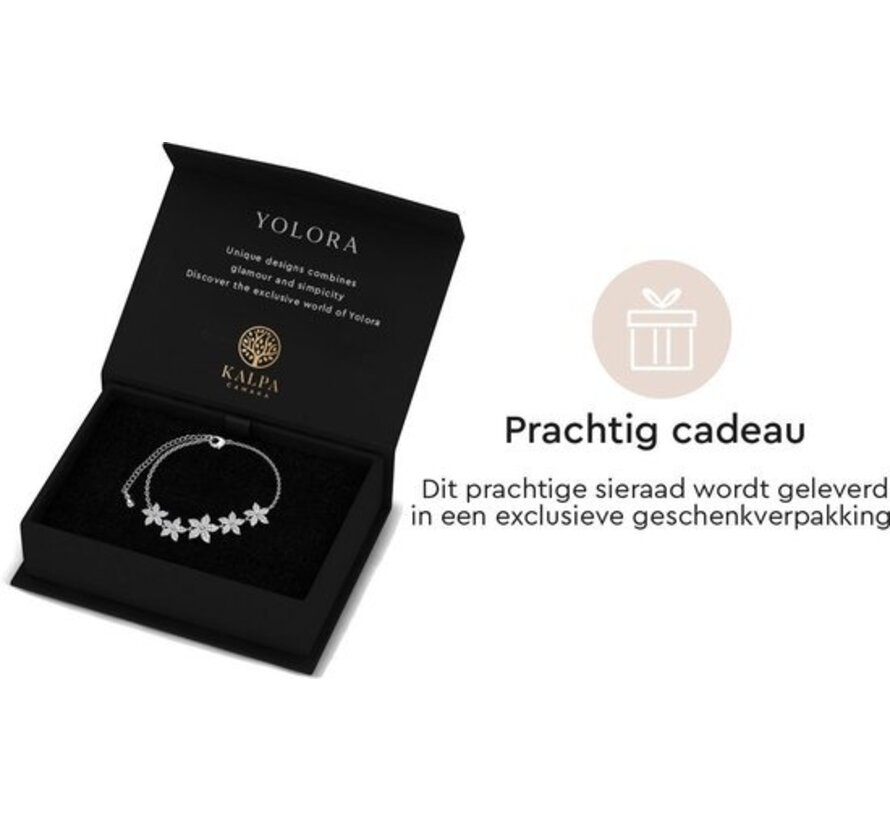 Bracelet de fleurs pour femmes Yolora avec cristaux Kalpa Camaka - Argent - Plaqué or blanc 18K - Emballage cadeau