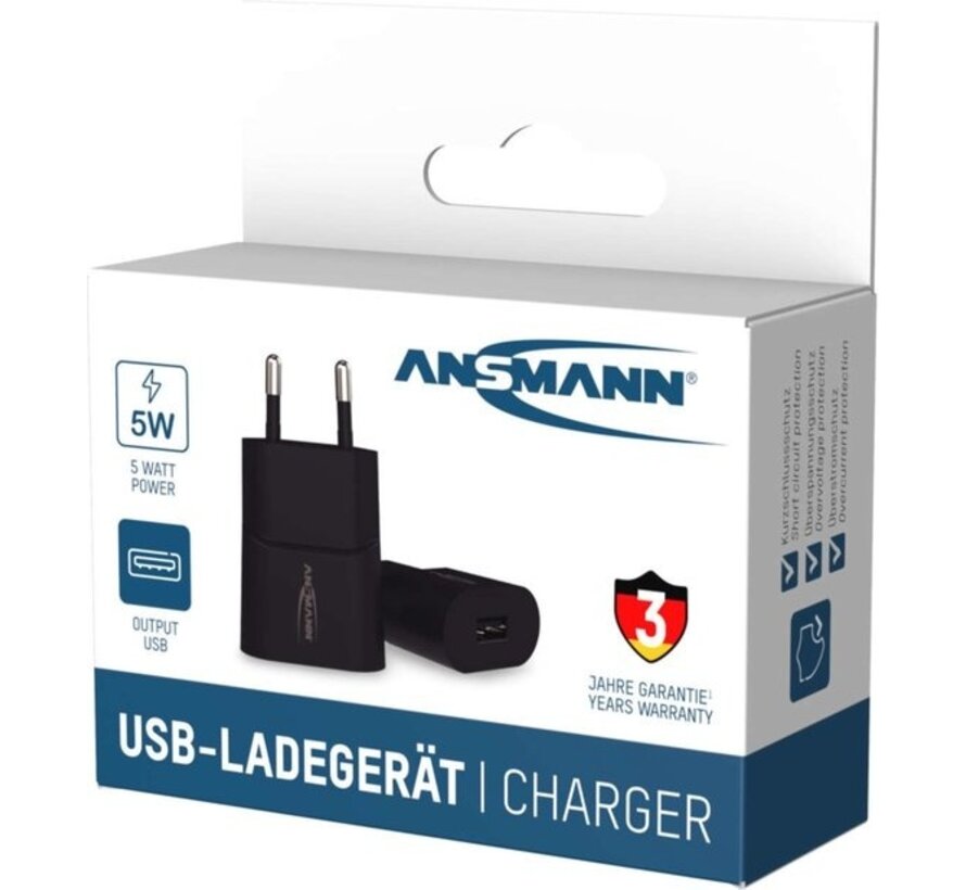 Adaptateur de charge USB avec 1 connecteur USB 2.0 type A, 1000 mA